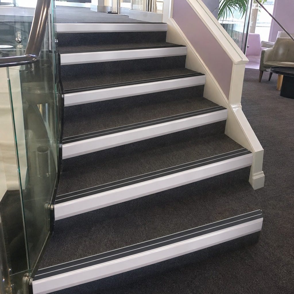 Customer photo review of Heavy Duty Chevron Aluminium Stair Nosing 2.75m, Double Insert, 60mm Riser