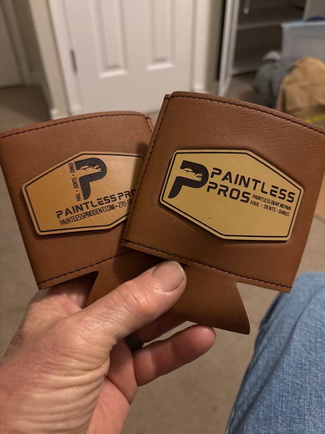 Customer photo review of Custom Leather Patch Koozies