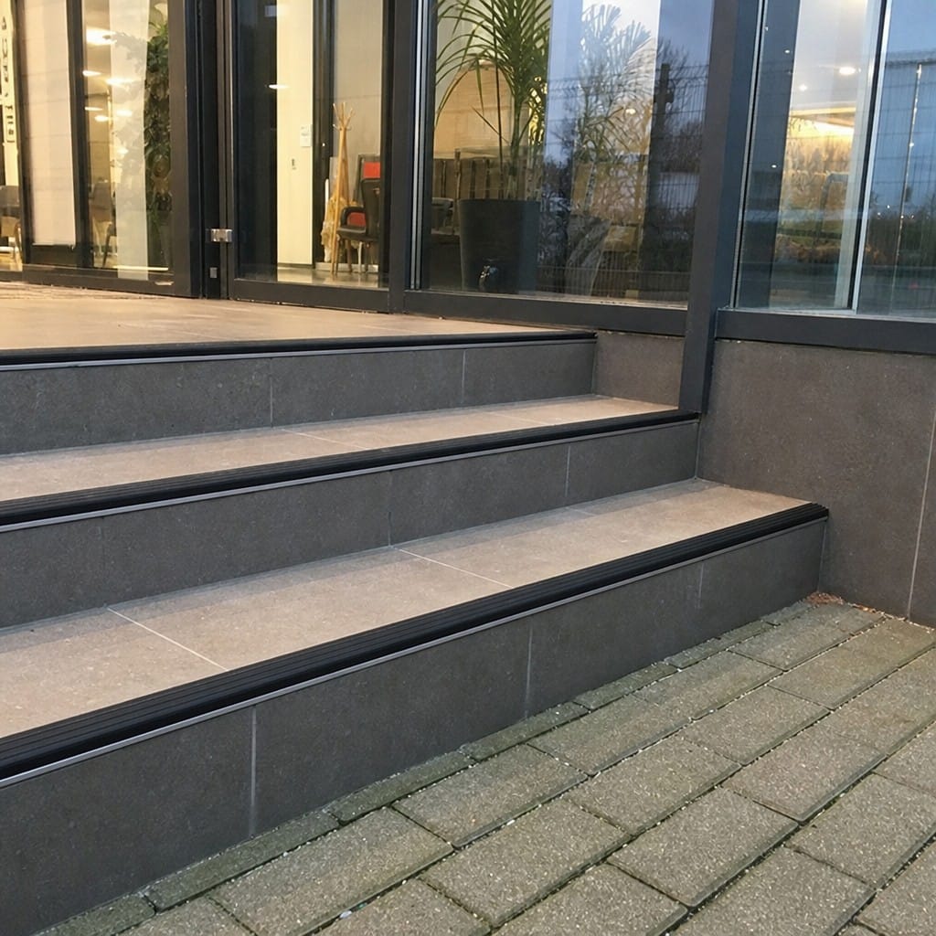 Customer photo review of Aluminium Tile-In Stair Nosing with Replaceable Anti-Slip PVC Tread, 25mm, 9mm and 11mm, 2.5m, Black or Grey