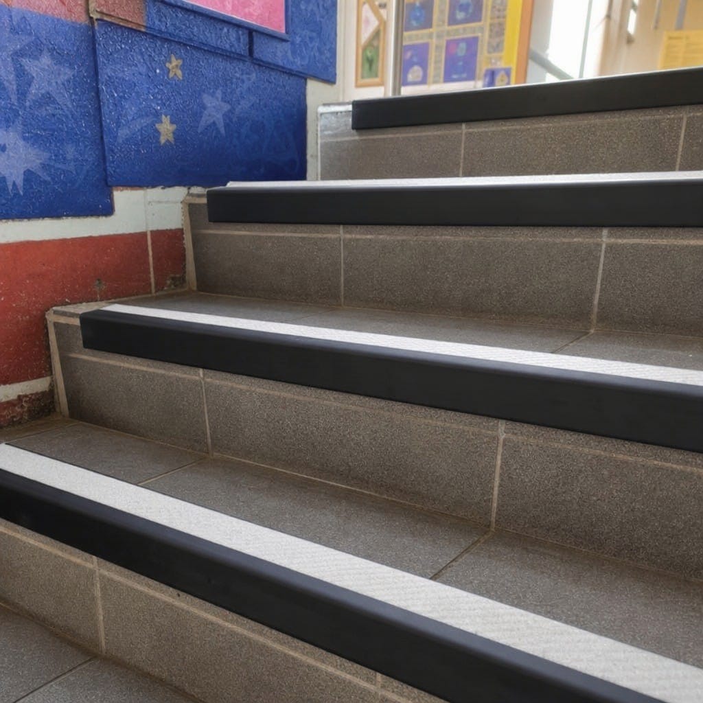Customer photo review of Anti Slip Stair Nosing 67x32mm Black PVC Ramped, 13 Insert Colours
