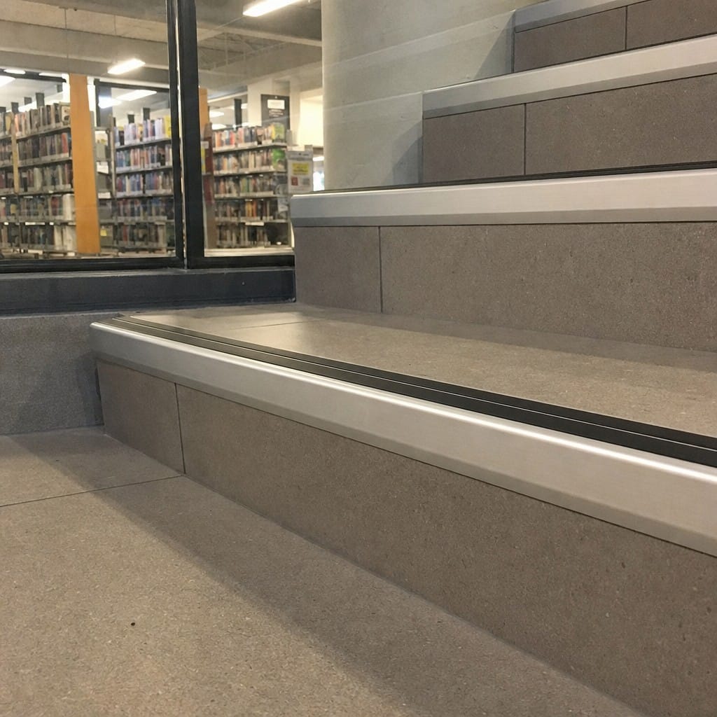Customer photo review of Heavy Duty Chevron Aluminium Stair Nosing 2.44m, Double Insert, 60mm Riser