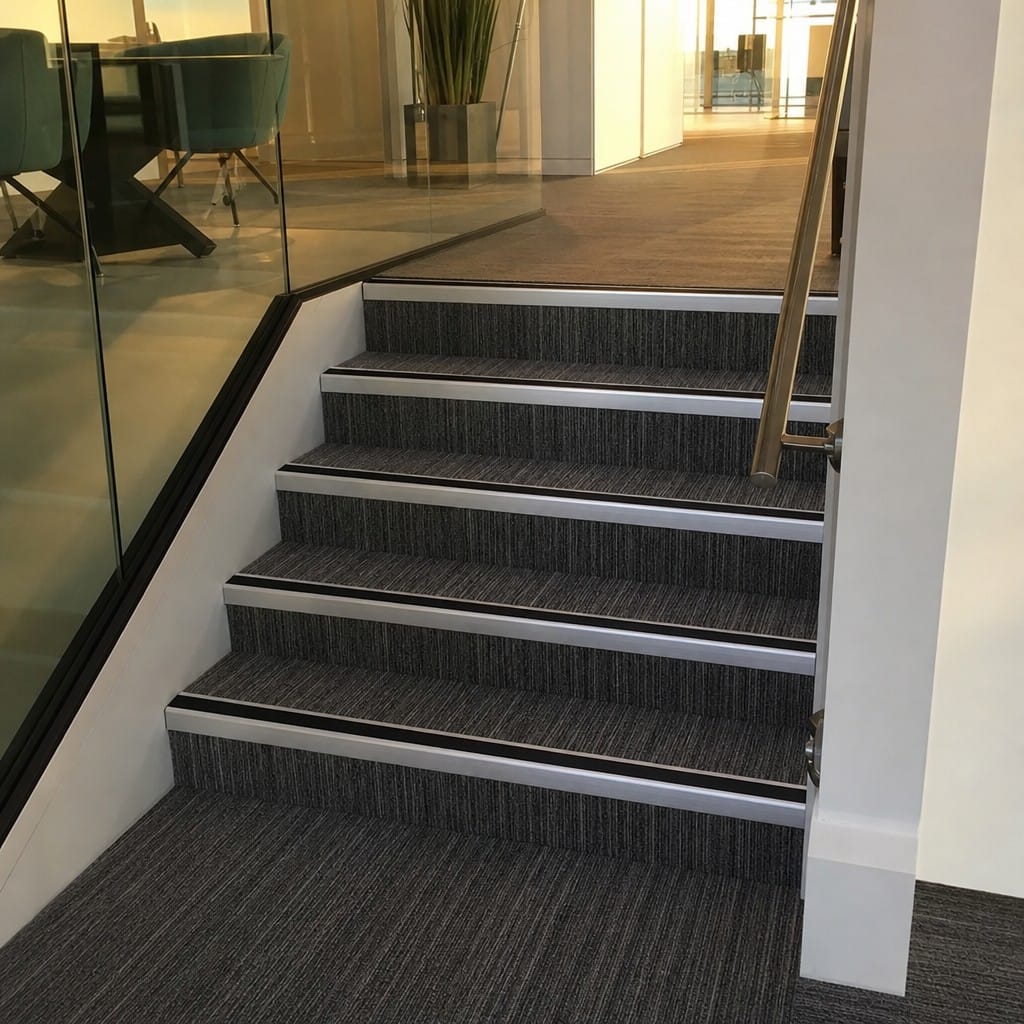 Customer photo review of Heavy Duty Chevron Aluminium Stair Nosing 2.75m, Single Insert, 65mm Riser