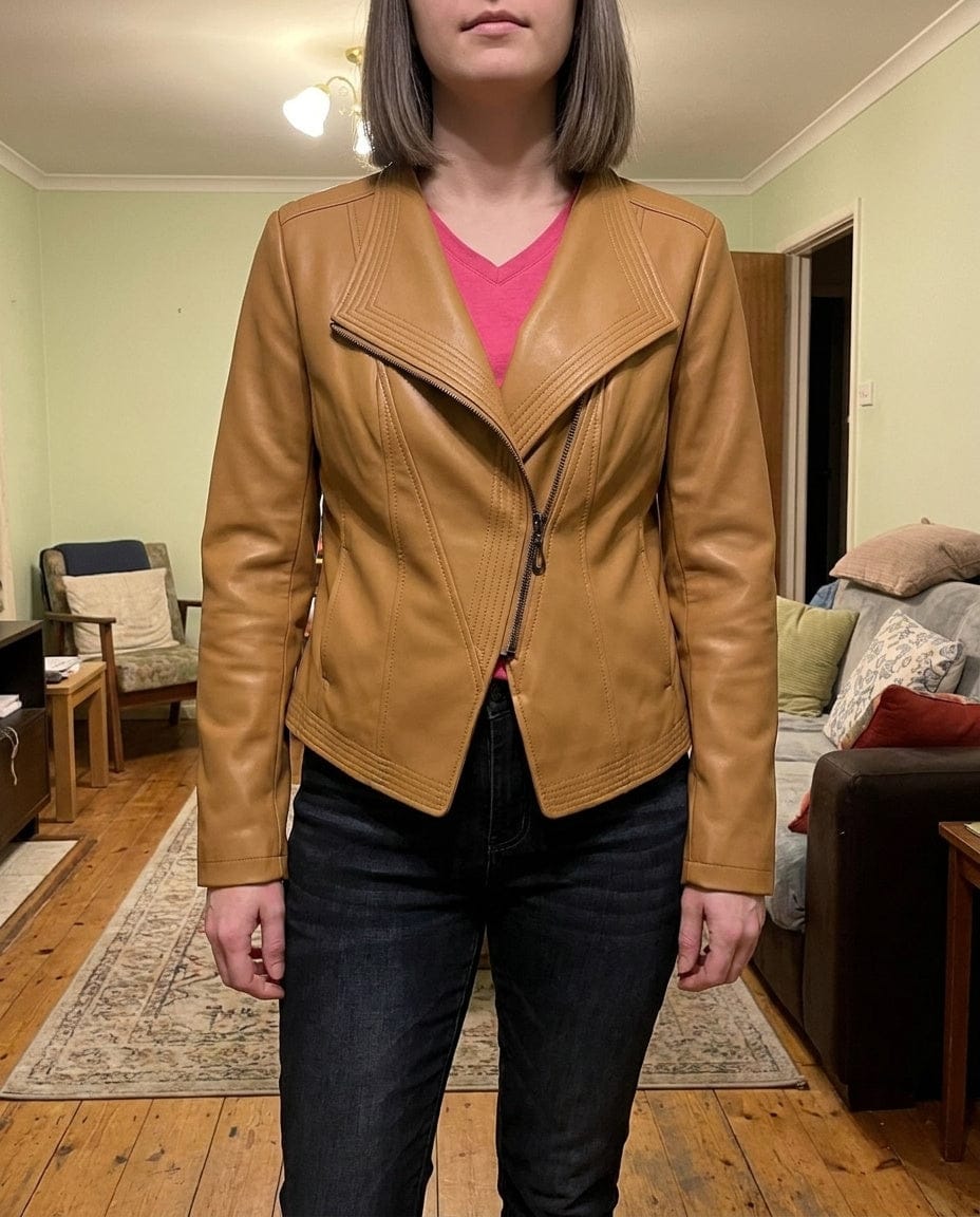 Customer photo review of Effortless Vegan Leather Jacket With Asymmetrical Zip