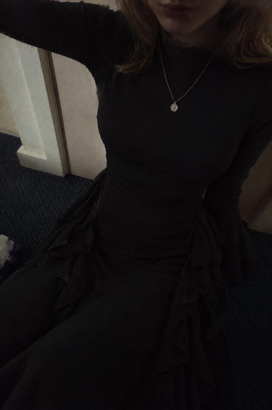 Customer photo review of Evening Cascade Ruffle Maxi Dress