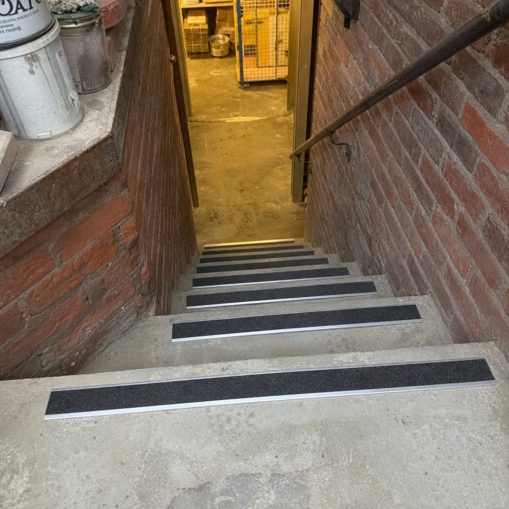 Customer photo review of Aluminium Stair Nosing 70mm Rake Back | Anti-Slip GRP Grit Insert
