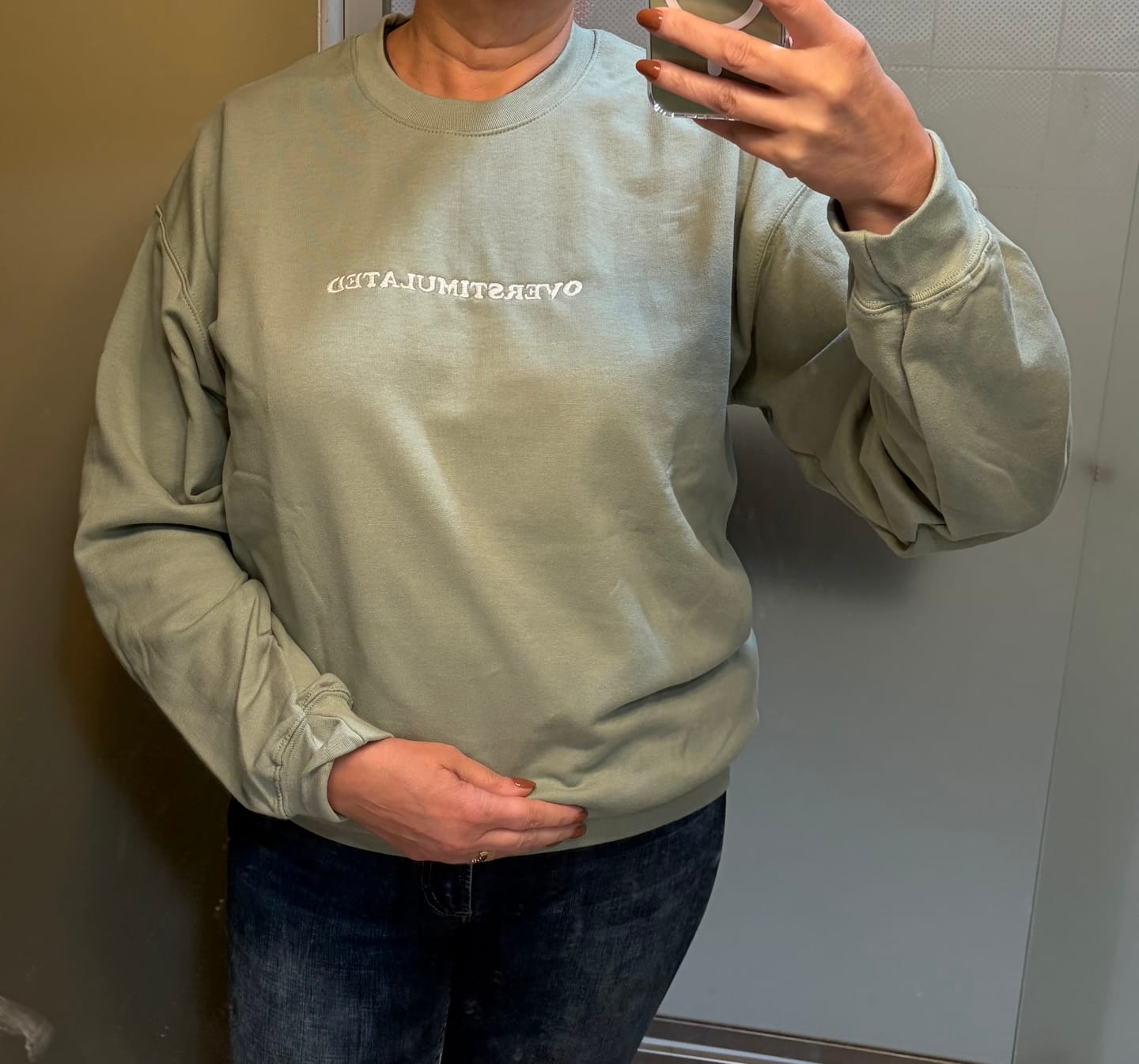 Customer photo review of Overstimulated Embroidered Sage Midweight Crewneck