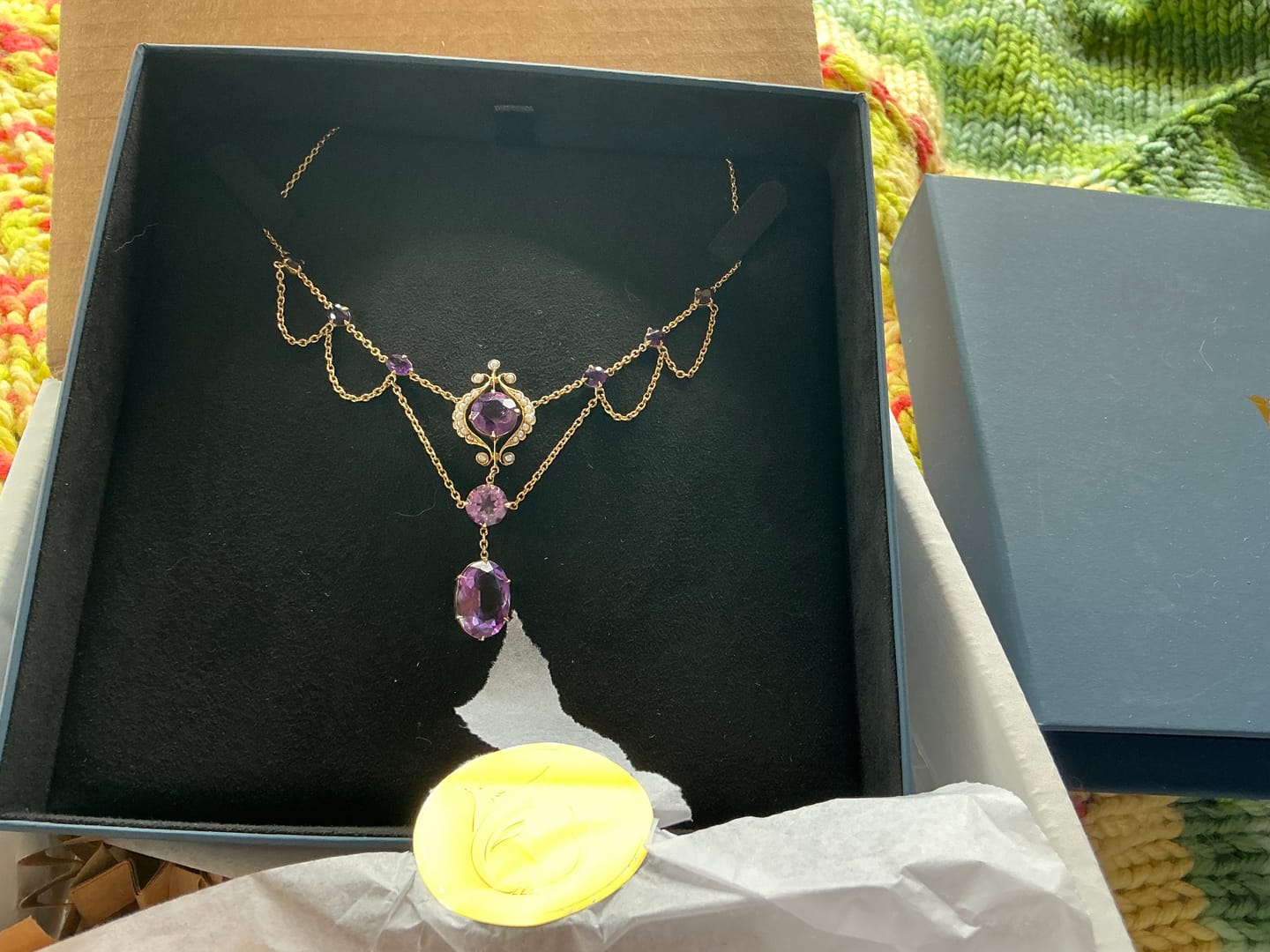 Customer photo review of Vintage 14k Yellow Gold 13.0cttw Amethyst Pearl Romantic Ornate Drop Necklace 21"