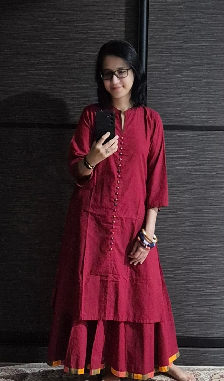 Customer photo review of Co ord Set Crimson Cotton Classic Button Down Kurta with Flared Skirt