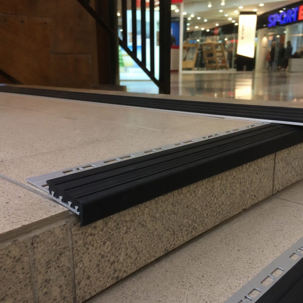 Customer photo review of Heavy-Duty Aluminium Stair Nosing | Wide 35mm Profile | Replaceable Anti-Slip Insert | 2.5m | Black & Grey