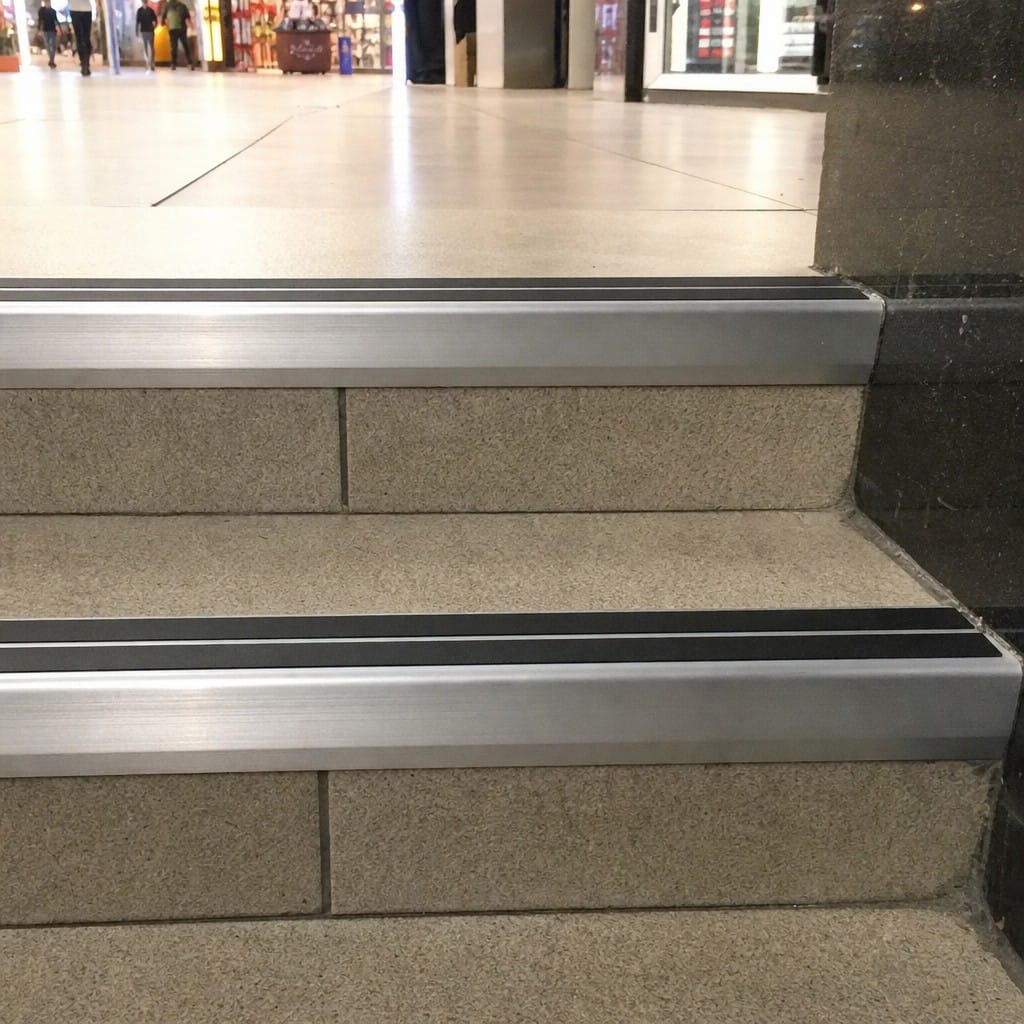 Customer photo review of Heavy Duty Chevron Aluminium Stair Nosing 3.22m, Double Insert, 60mm Riser