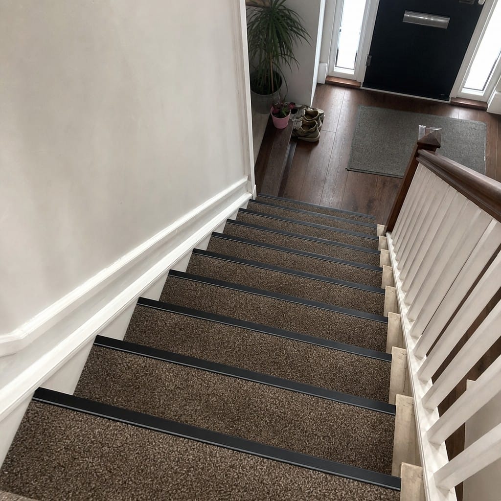Customer photo review of Square Aluminium Stair Nosing 2.44m 50mm Riser PVC Insert