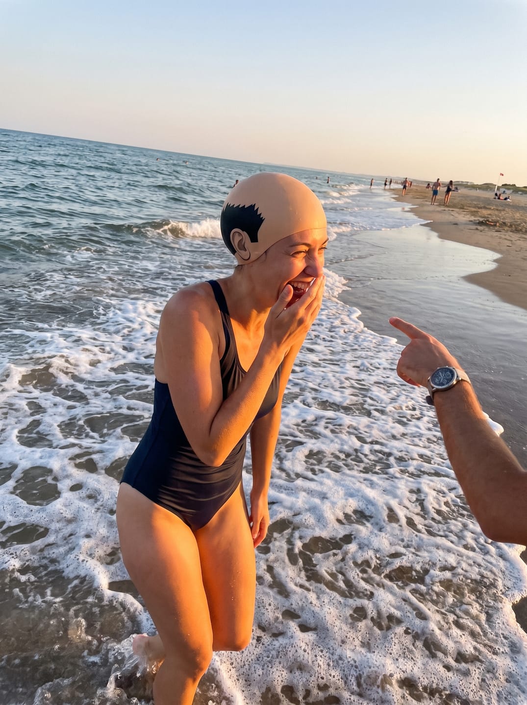 Customer photo review of BALDSPLASH™ Bald Head Swim Cap – Funny Silicone Swimming Cap