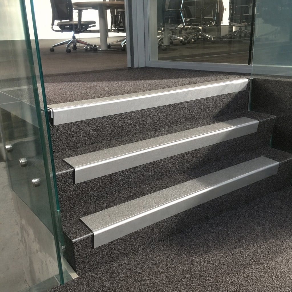 Customer photo review of Rake Back DDA Aluminium Stair Nosing 70 x 56mm, High Grip & Exterior Grip Inserts