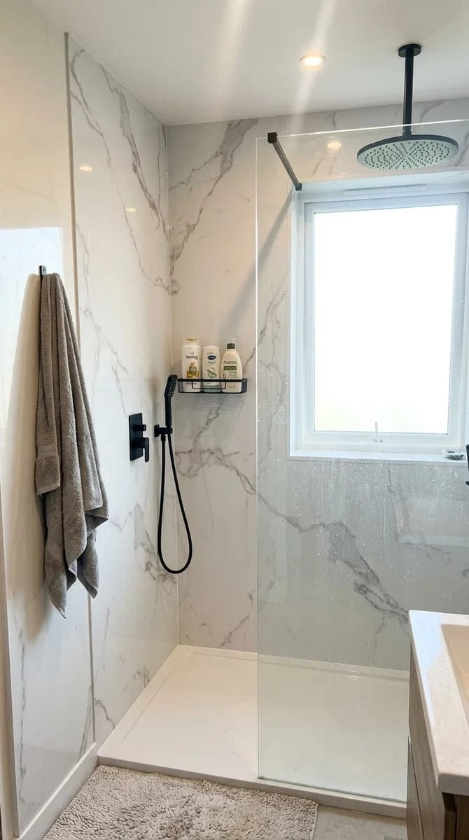 Customer photo review of Panneau PVC - Effet Marbre Blanc - 250 x 120 cm – 100% Imperméable - 15 ans Garantie