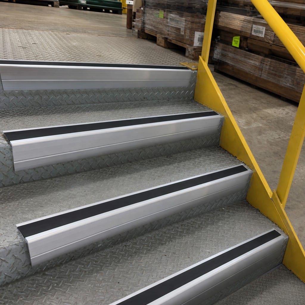 Customer photo review of Heavy Duty Chevron Aluminium Stair Nosing 3.22m, Single Insert, 65mm Riser
