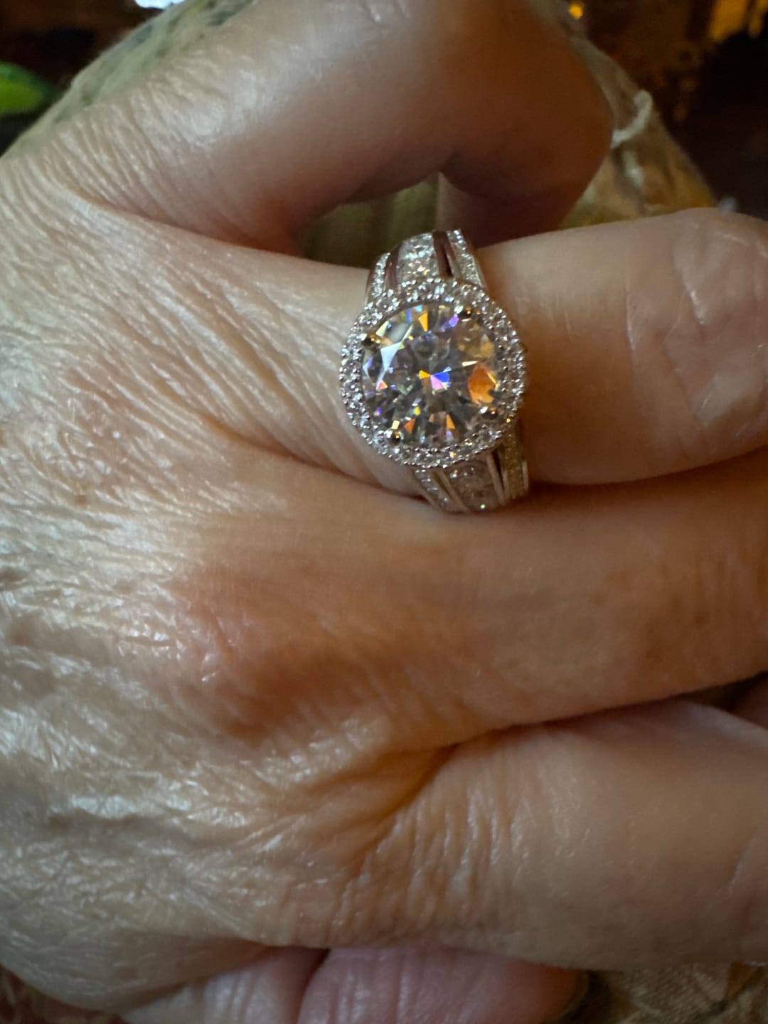Customer photo review of Halo Moissanite Graduated Triple Row Pave Engagement Ring