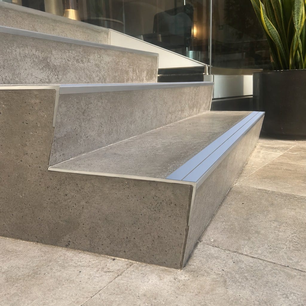 Customer photo review of Rake Back Stair Nosing 2.44m Aluminium Double PVC