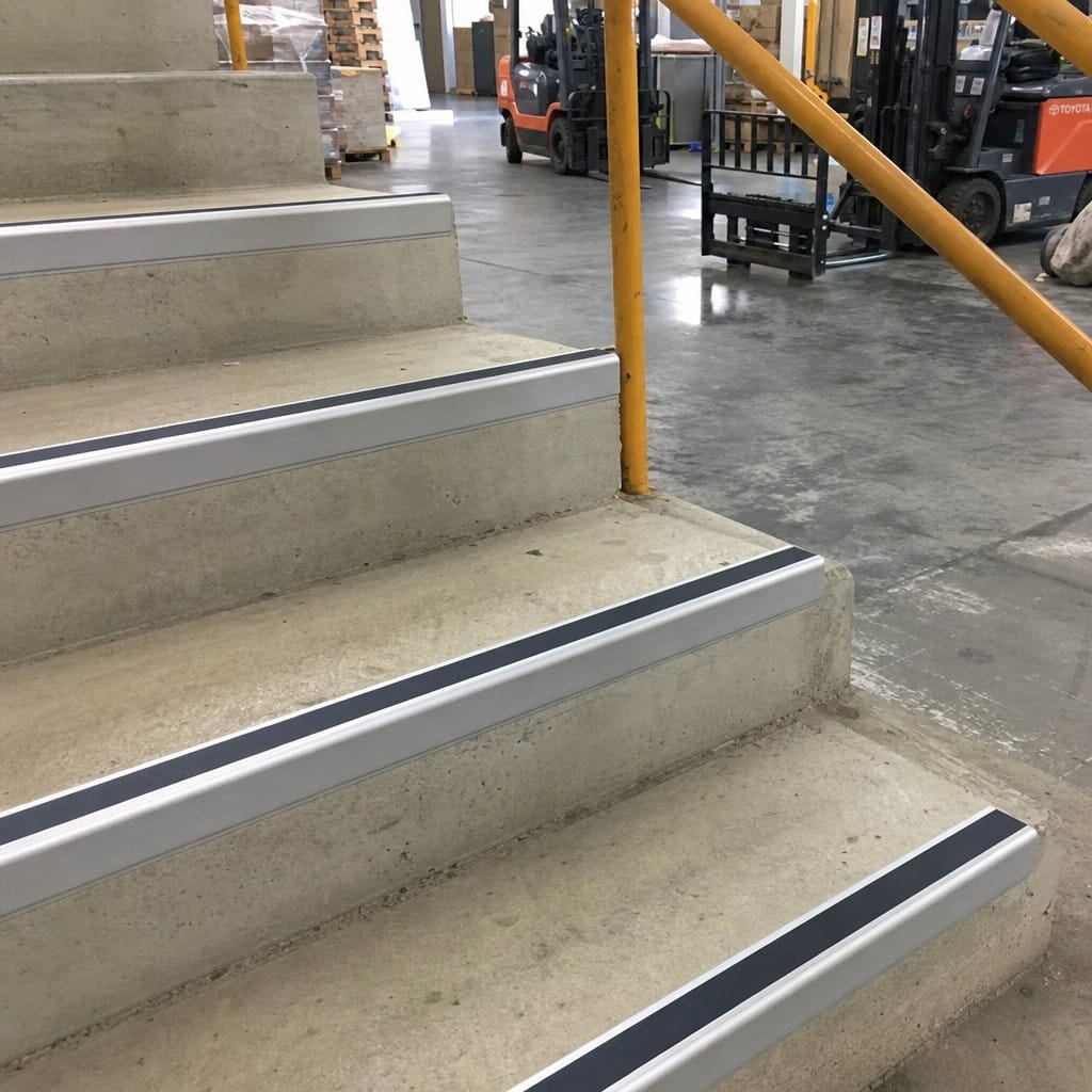 Customer photo review of Heavy Duty Chevron Aluminium Stair Nosing 2.44m, Single Insert, 65mm Riser