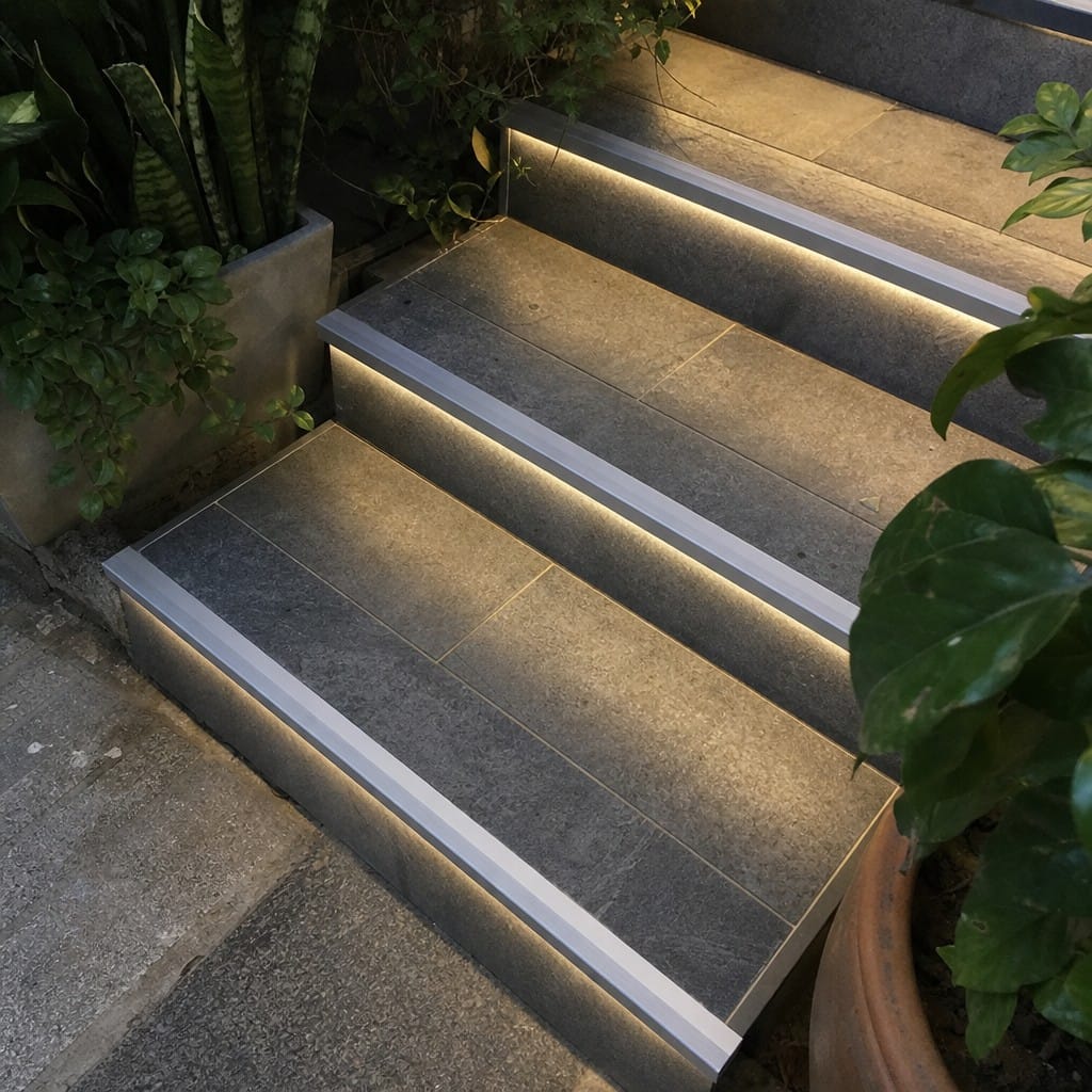 Customer photo review of Aluminium Anti Slip Stair Nosing 76.5mm x 26mm, Light Down for Safety on Stairs