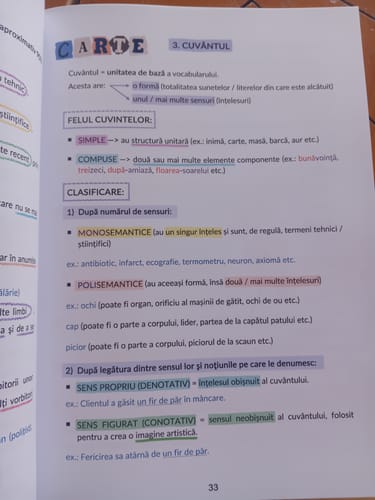 Reviewer's page 33 of the Bacademia manual showing color-coded notes on Romanian grammar categories and word definitions.