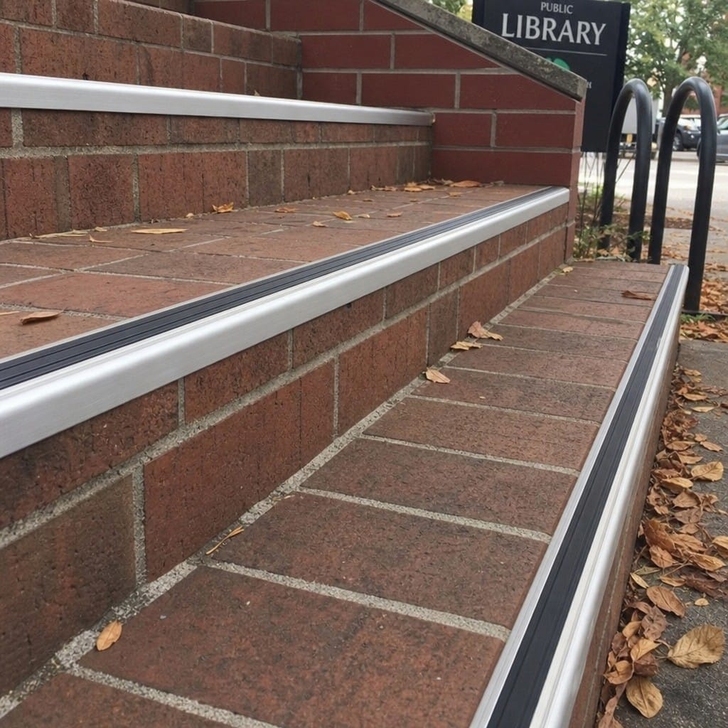 Customer photo review of Heavy Duty Chevron Aluminium Stair Nosing 2.44m, Double Insert, 40mm Riser