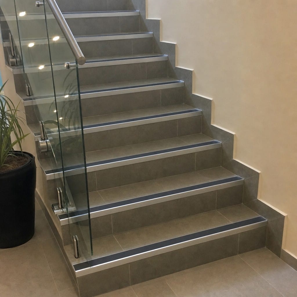 Customer photo review of Anti-Slip Aluminium Stair Nosing 45 x 20mm Tile-In – 11 Insert Colours