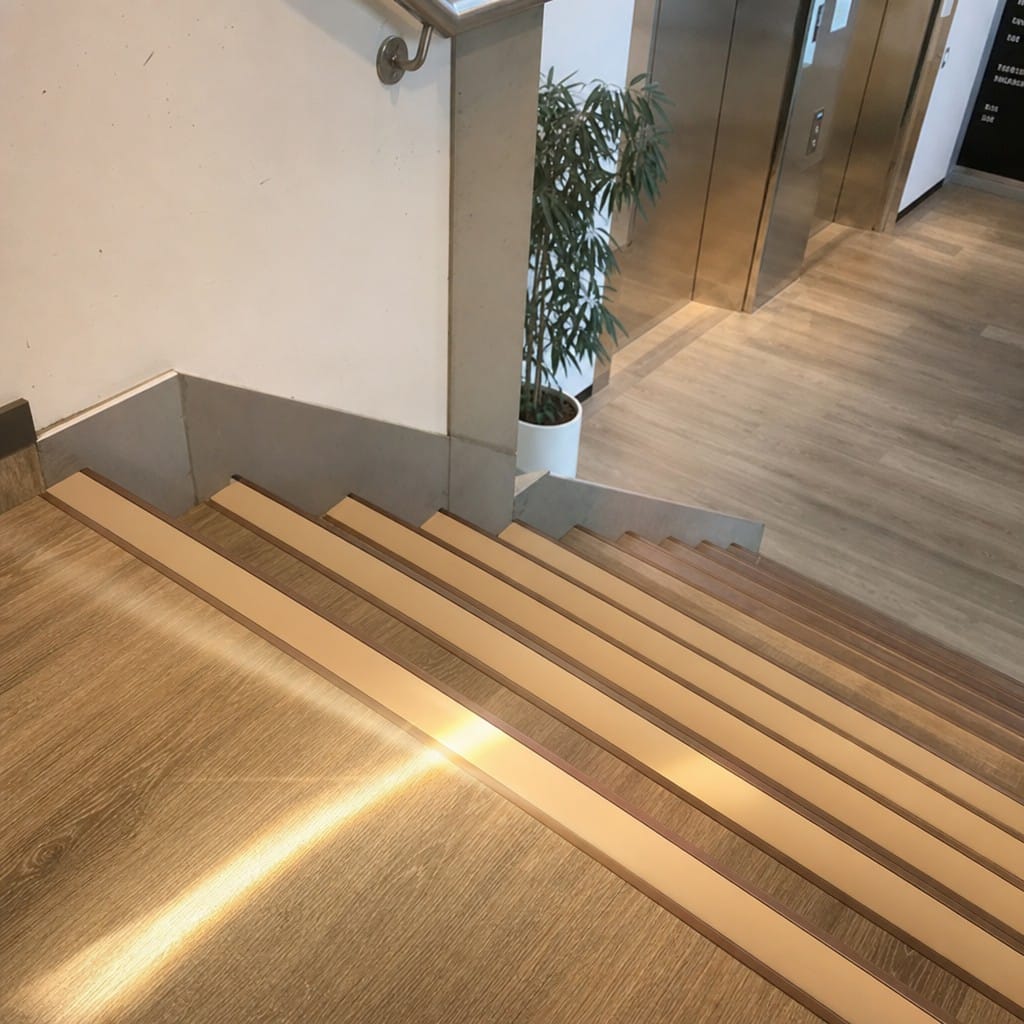 Customer photo review of Rake Back Stair Nosing 2.75m Aluminium Double PVC Insert 5mm