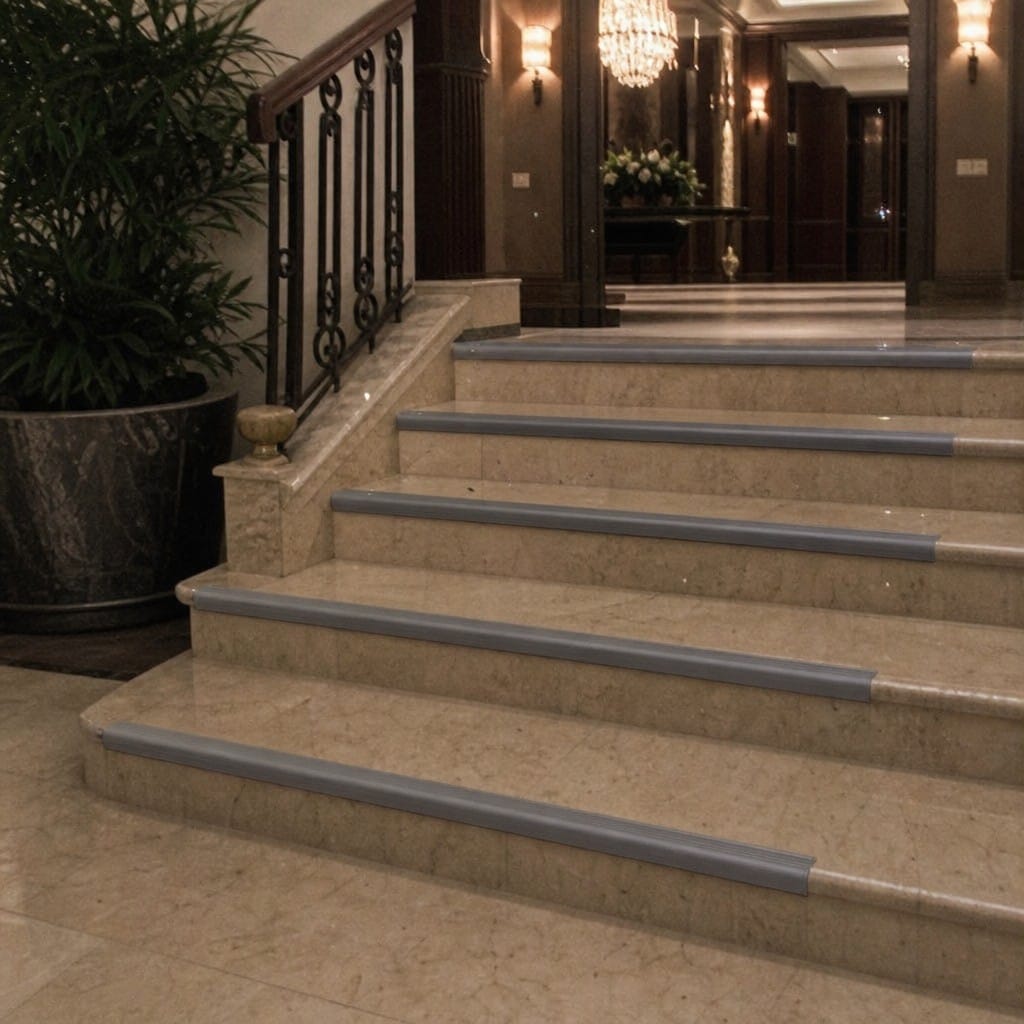 Customer photo review of PVC Stair Nosing 50x30mm Slip Resistant Rakeback Indoor, 2.75m Length