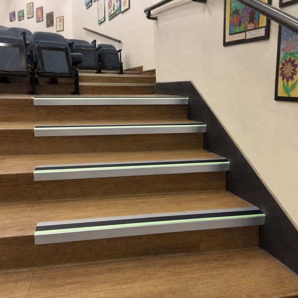 Customer photo review of Aluminium Stair Nosing 57x55mm Photoluminescent Rake Back, DDA