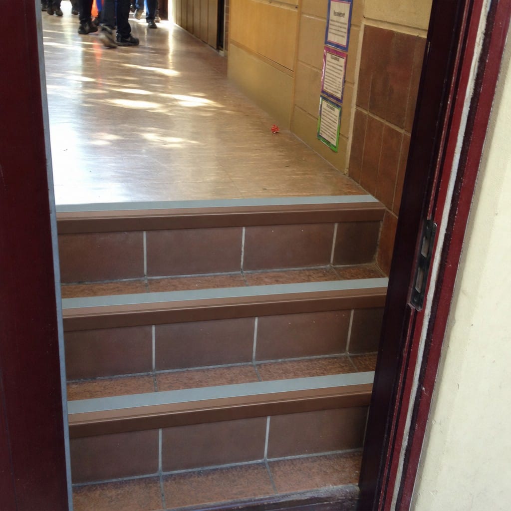 Customer photo review of Rake Back Aluminium Stair Nosing 2.44m 56mm Tread PVC Insert