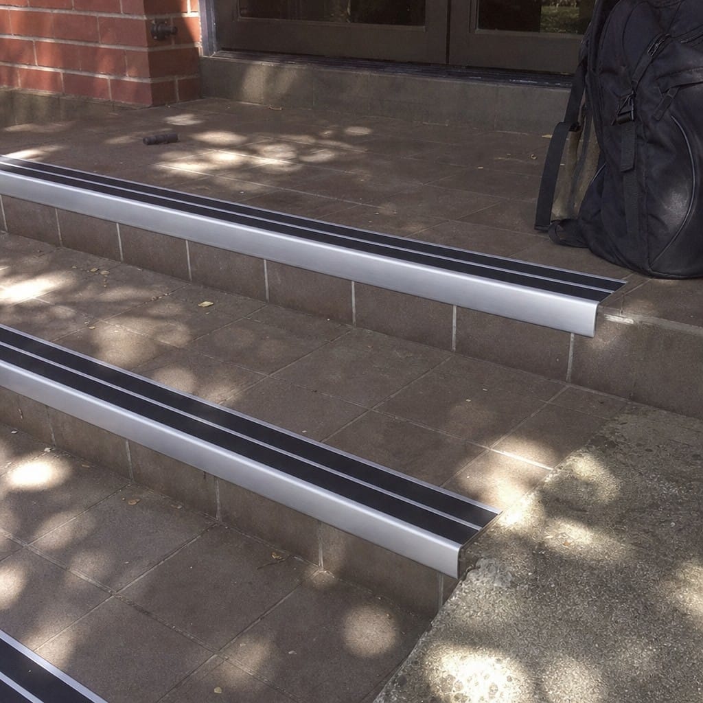 Customer photo review of Heavy Duty Chevron Aluminium Stair Nosing 2.75m, Double Insert, 60mm Riser