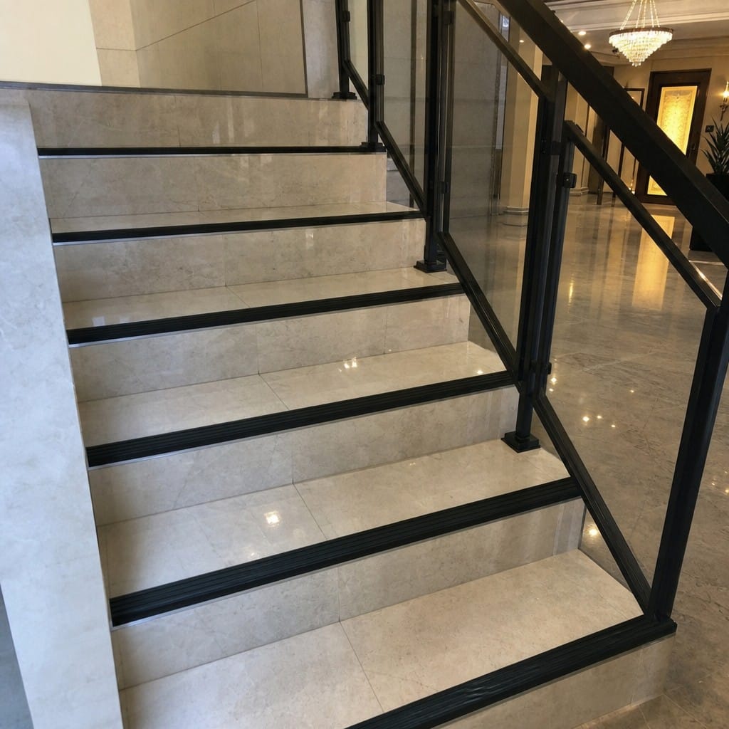Customer photo review of Aluminium Stair Nosing for Tiled Steps 30mm Tile-In, Anti-Slip PVC Tread, 2.5m