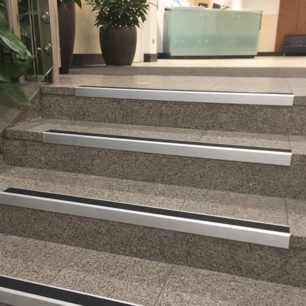 Customer photo review of Heavy Duty Chevron Aluminium Stair Nosing 2.44m, Single Insert, 65mm Riser