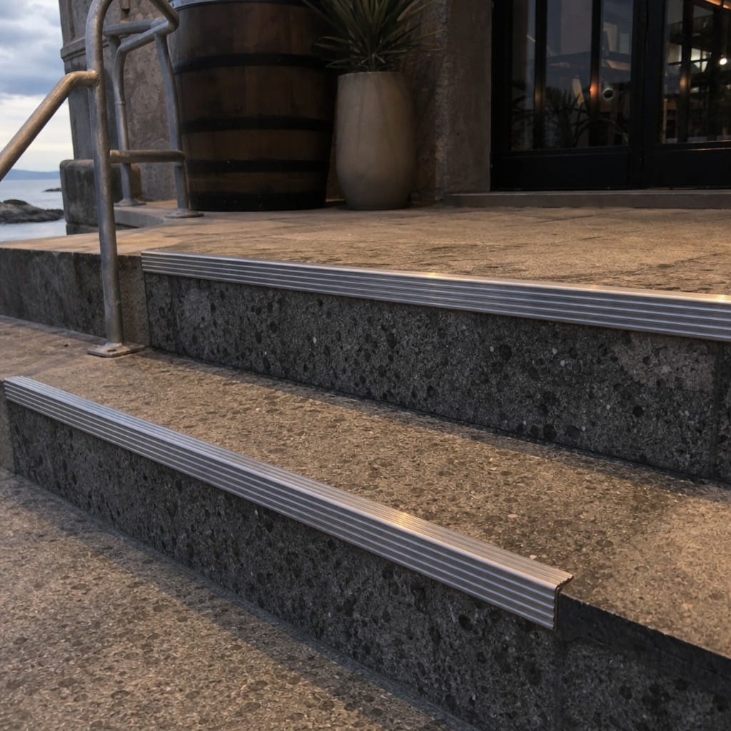 Customer photo review of Stainless Steel Tile-In Stair Nosing R10 | 30mm Tread | Depths 2-25mm | 304 & 316L Marine Grade