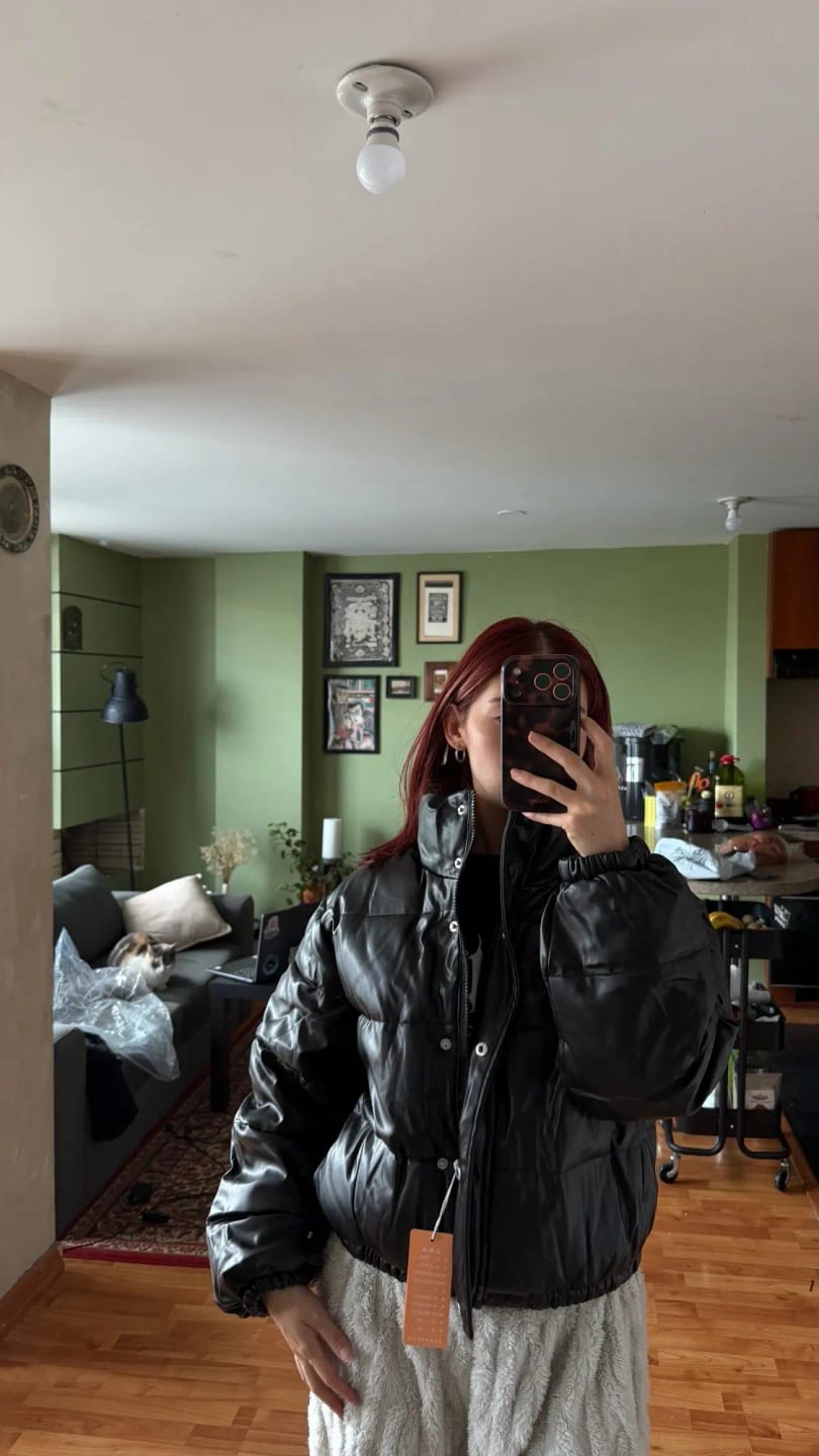 Customer photo review of Tessa High Neck Faux Leather Puffer Jacket
