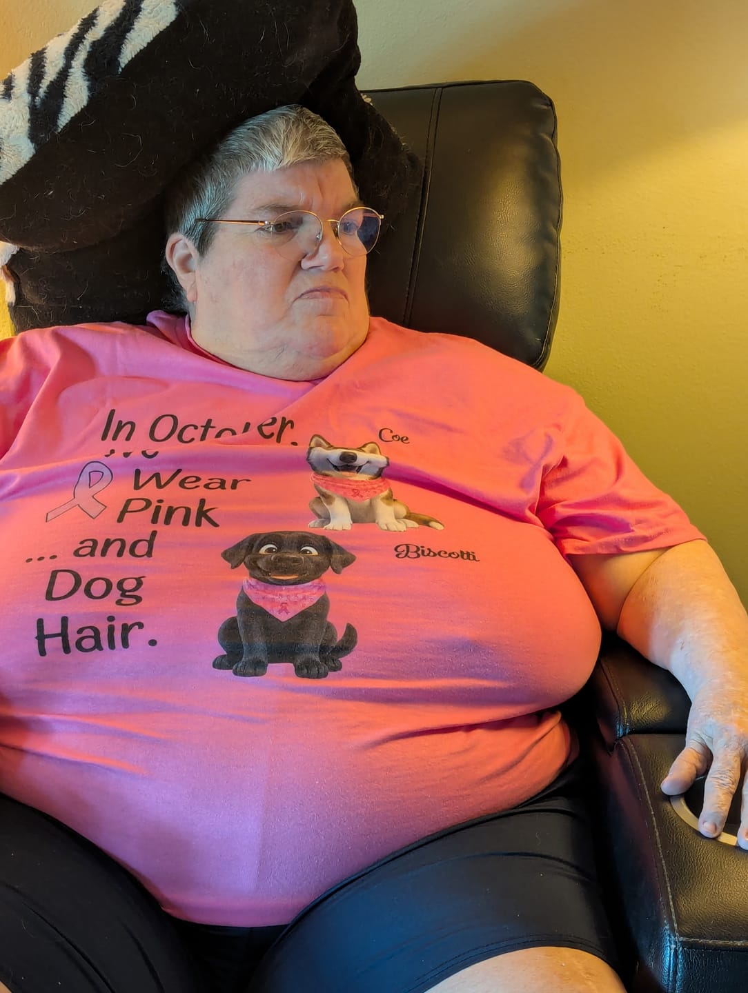 Customer photo review of Breast Cancer Awareness We Wear Pink and Dog Hair Custom Dogs T-shirt FSDM38