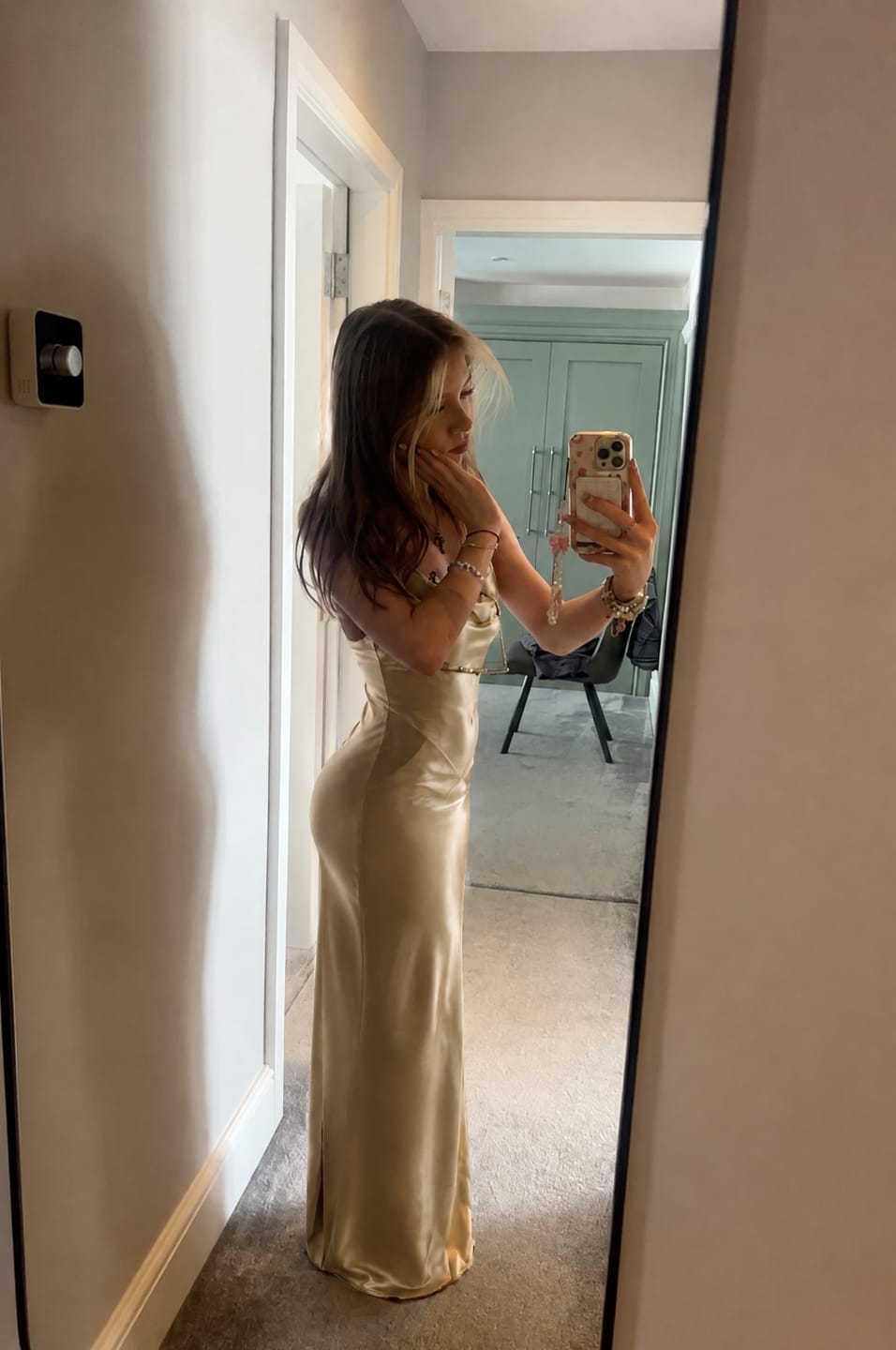 Customer photo review of Midnight Bias Satin Maxi Dress