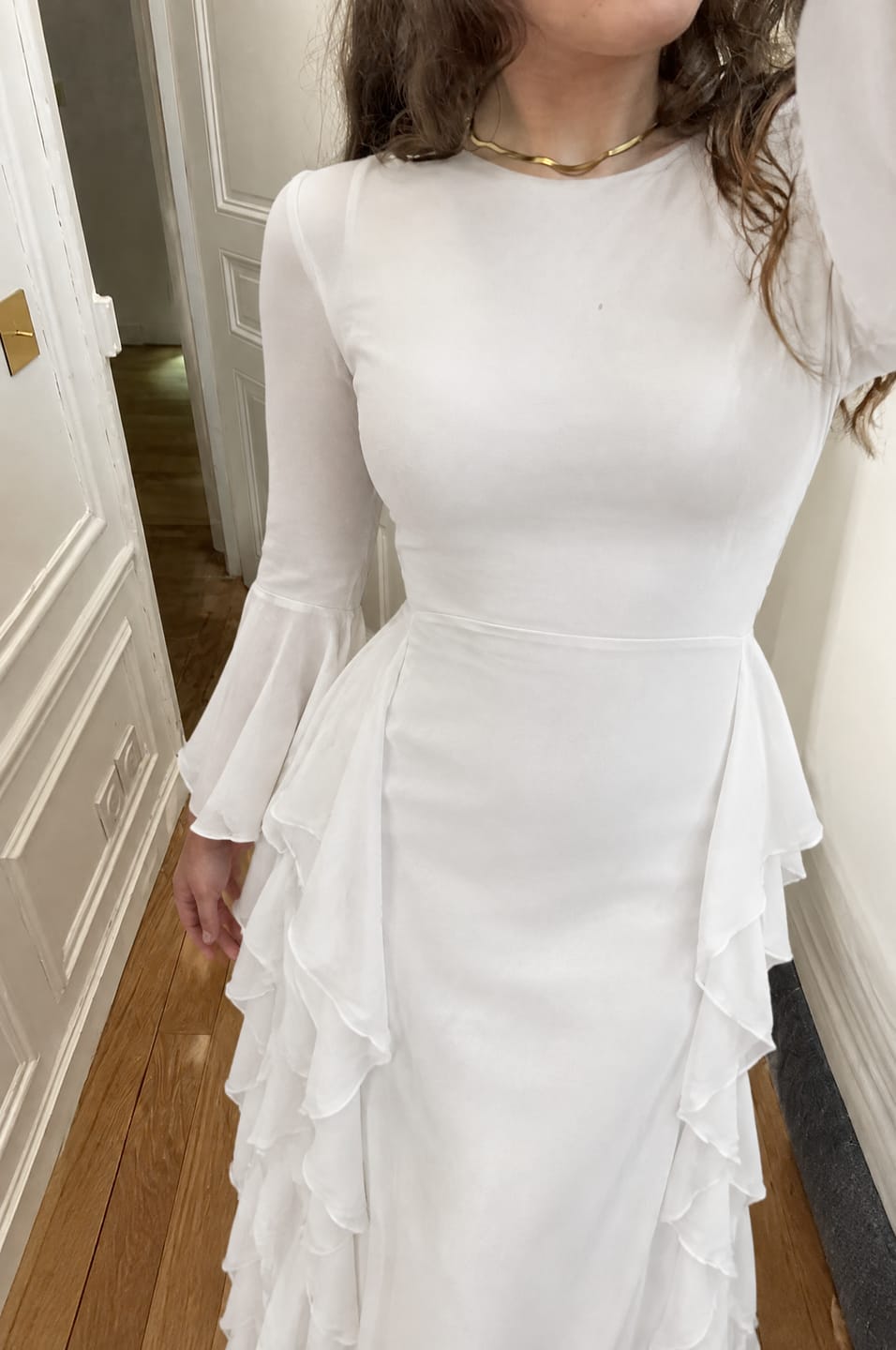 Customer photo review of Evening Cascade Ruffle Maxi Dress