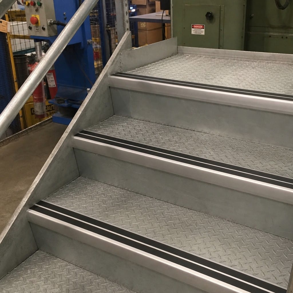 Customer photo review of Heavy Duty Chevron Aluminium Stair Nosing 2.44m, Double Insert, 60mm Riser