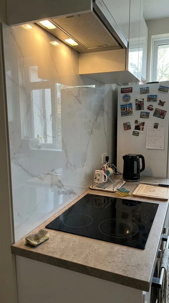 Customer photo review of Panneau PVC - Effet Marbre Blanc - 250 x 120 cm – 100% Imperméable - 15 ans Garantie