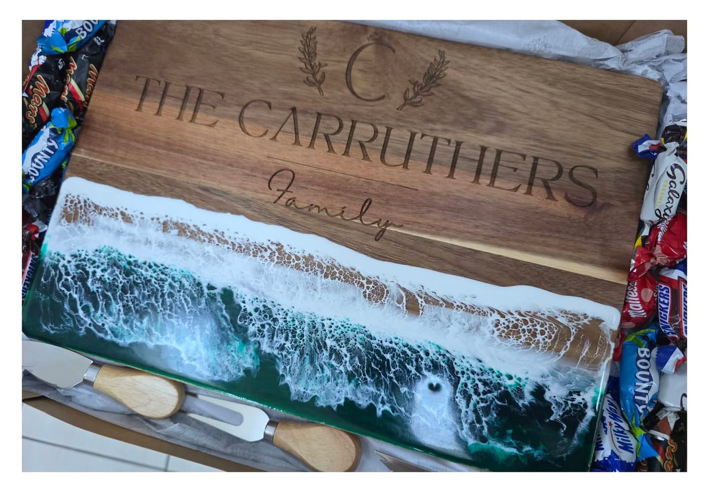 Customer photo review of Custom Engraved Acacia Wooden & Ocean Resin Charcuterie Board