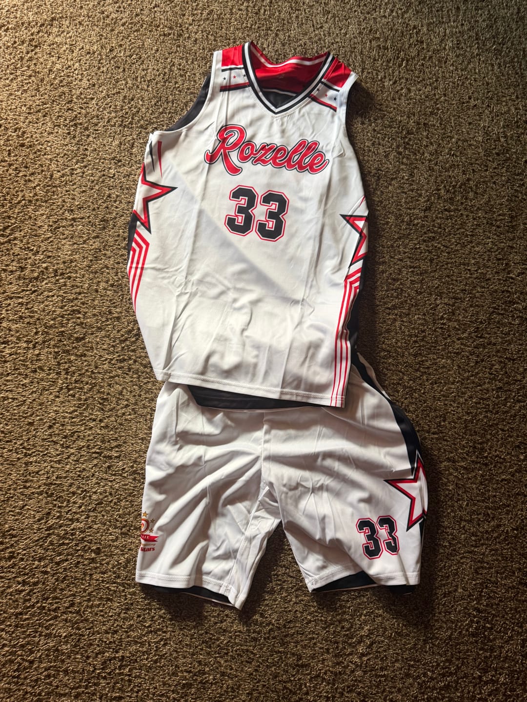 Customer photo review of Custom Black White Red Star Graffiti Pattern Double Side Sets Basketball Uniform