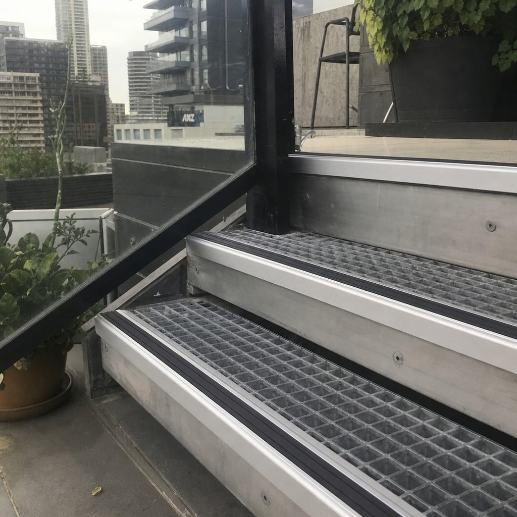 Customer photo review of Heavy Duty Chevron Aluminium Stair Nosing 2.44m, Double Insert, 40mm Riser