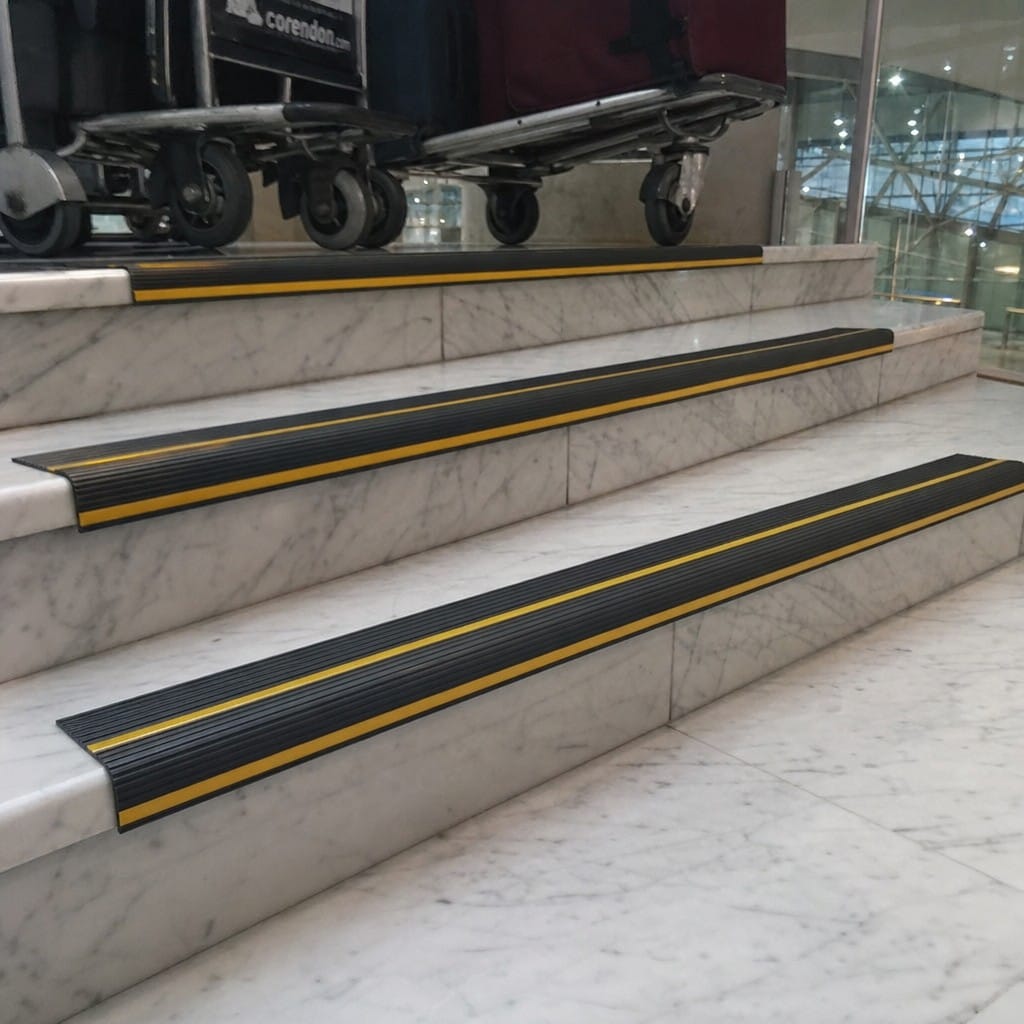Customer photo review of Anti Slip Stair Nosing 55x40mm Flexible PVC Black & Yellow Caution Edge