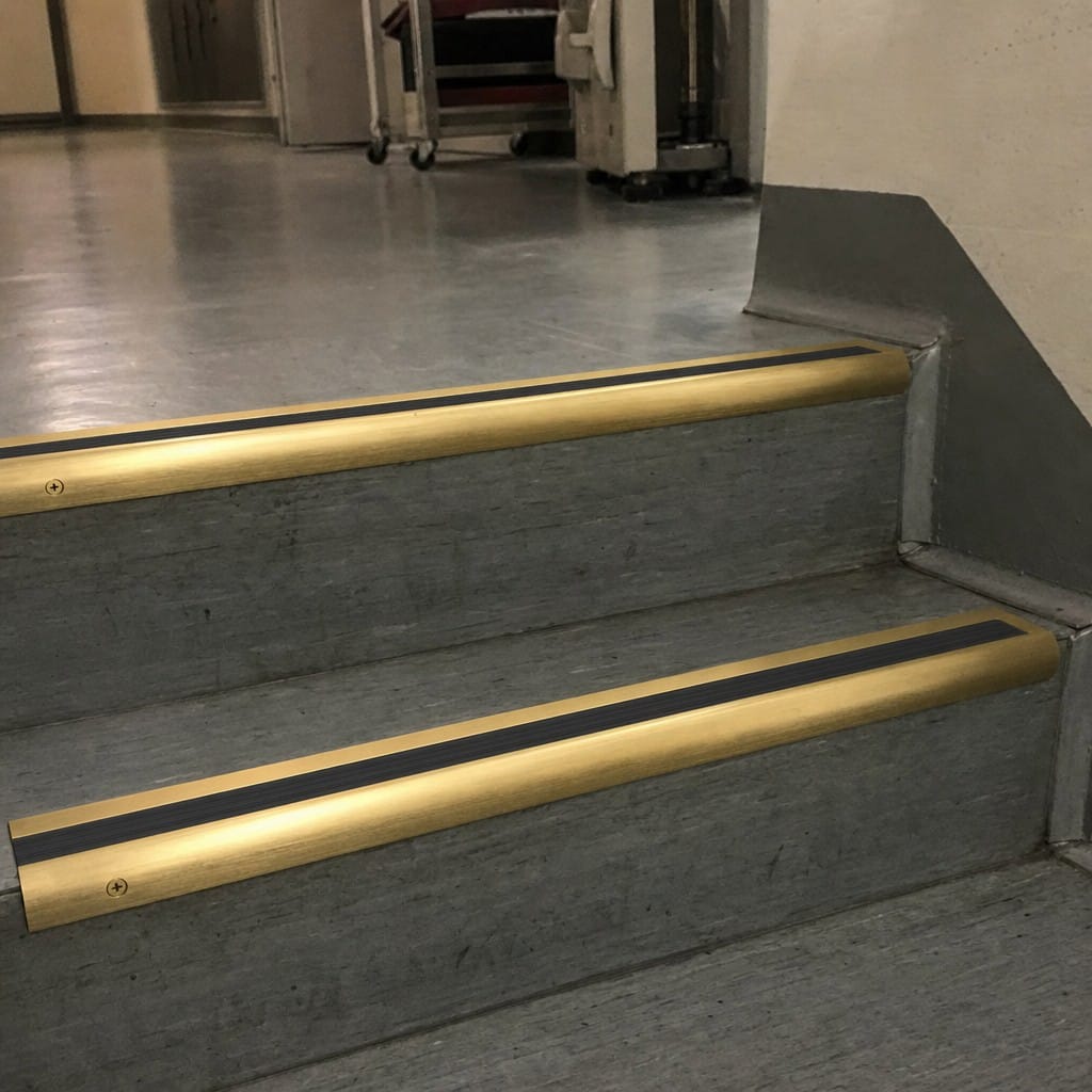 Customer photo review of Solid Brass Stair Nosing 63.5mm Bullnose, Anti-Slip Insert, Cut to Size