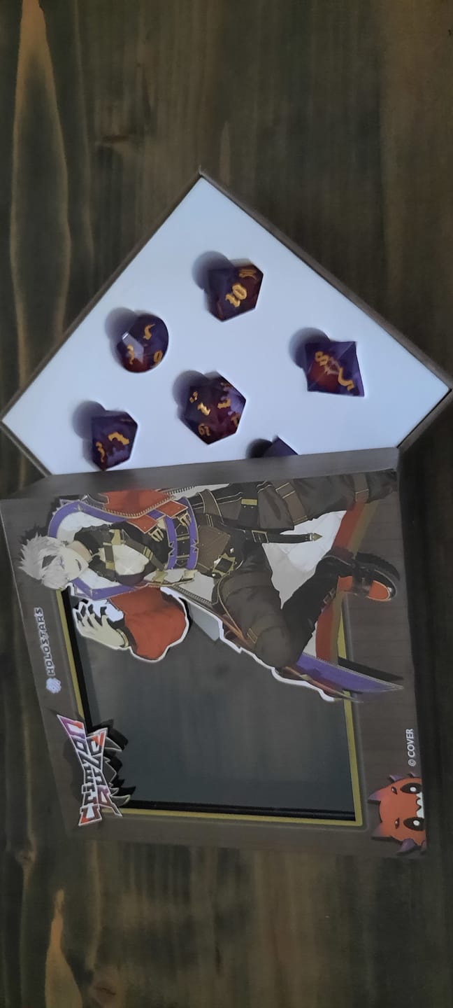 Customer photo review of PRE-ORDER | Crimzon Ruze Sharp-Edged Resin Dice Set | HOLOSTARS English x MMG Exclusive