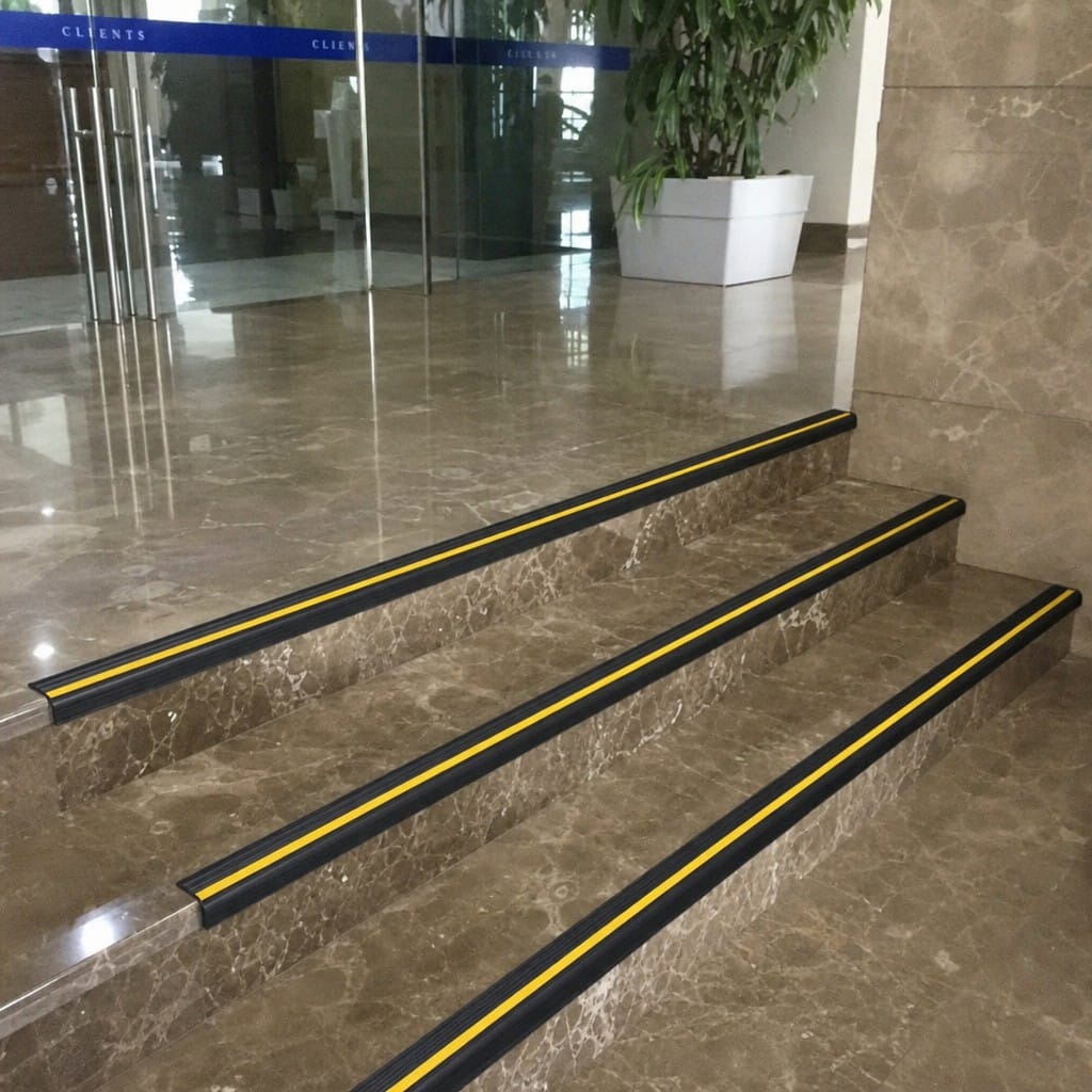 Customer photo review of Anti Slip Stair Nosing 40x40mm Flexible PVC Black & Yellow 1.2m