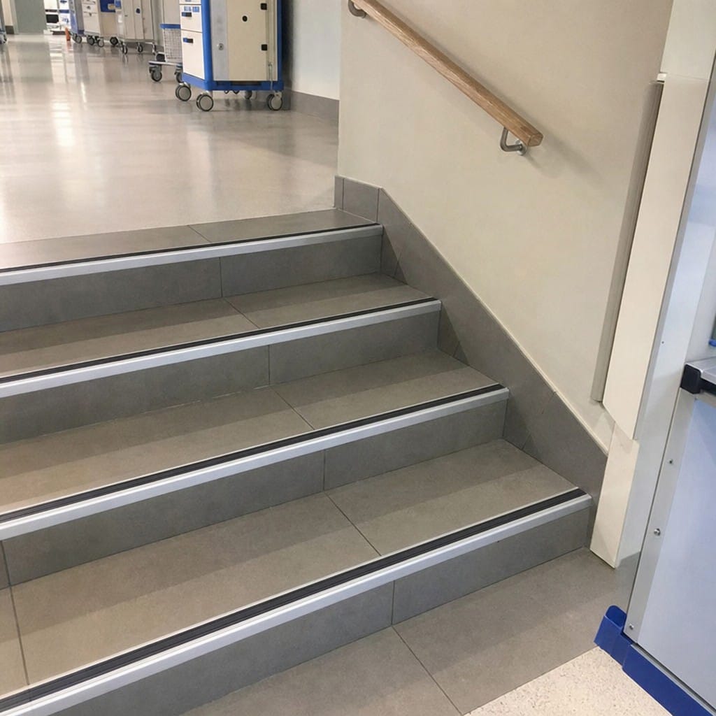 Customer photo review of Heavy Duty Chevron Aluminium Stair Nosing 3.22m, Double Insert, 40mm Riser