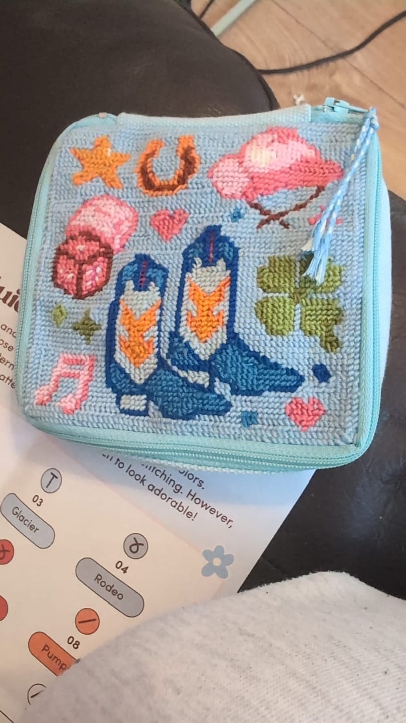 Customer photo review of Howdy - Needlepoint Pouch Kit