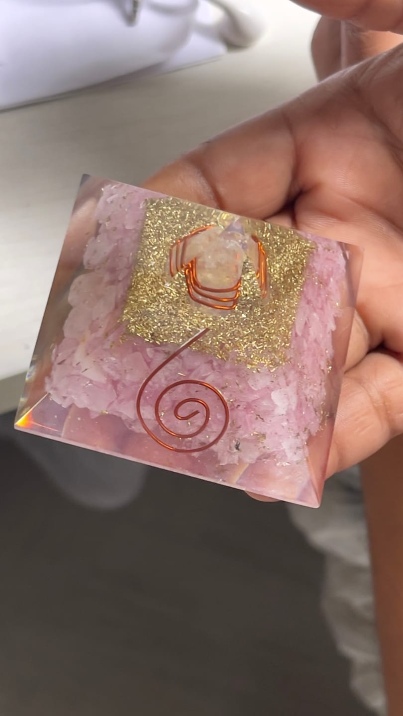 Customer photo review of Rose Quartz Orgonite Pyramid Vastu Remedy for Love, Relationship Harmony and Heart Chakra Healing for Bedroom, Couple Spaces and Emotional Balance | 6.5 cm | 110 g